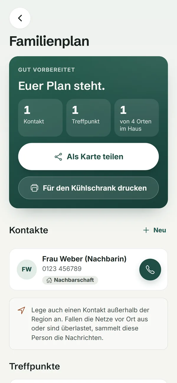 Familienplan in der App mit Kontakten und Treffpunkten