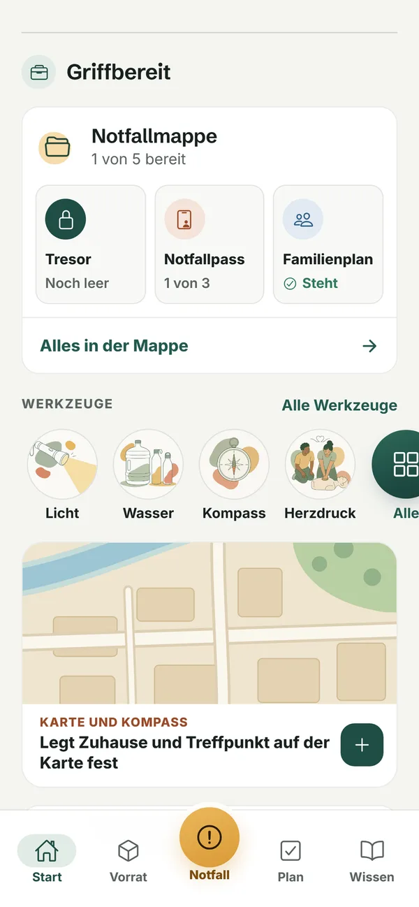 Startseite der App: Notfallmappe und Werkzeuge griffbereit