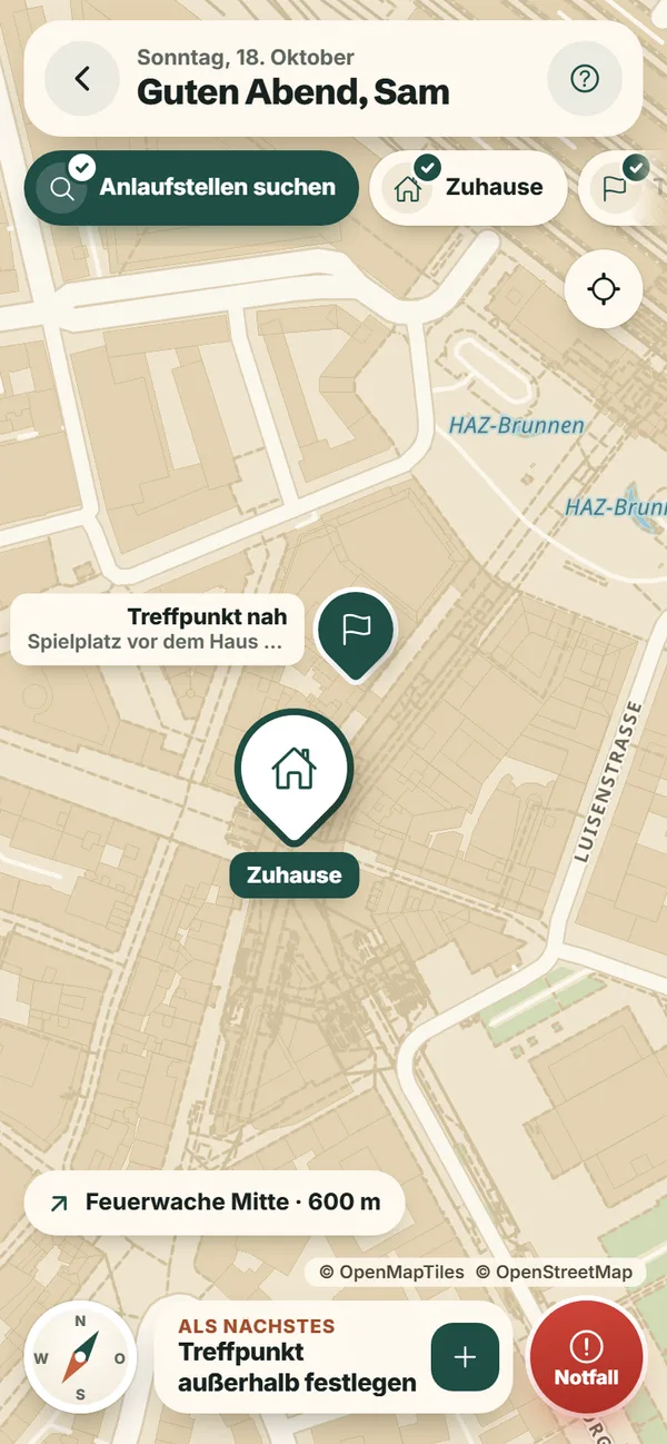 Karte in der App mit Zuhause, Treffpunkt und nächster Feuerwache