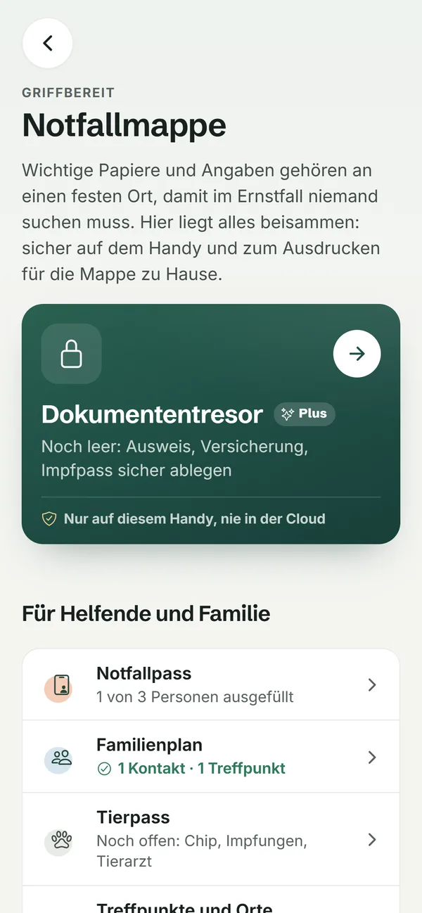 Notfallmappe in der App mit Dokumententresor, Notfallpass und Familienplan