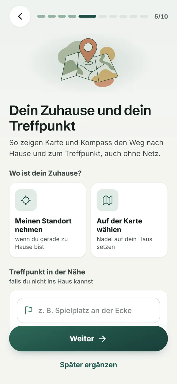 Zuhause und Treffpunkt beim Einrichten der App festlegen
