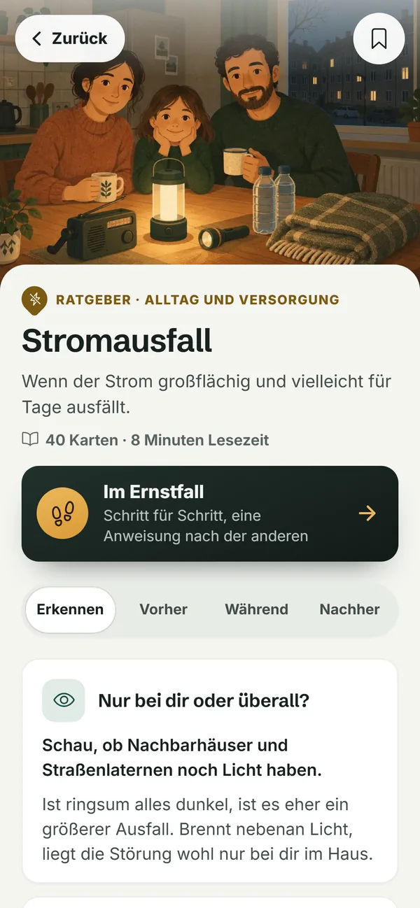 Ratgeber Stromausfall in der App mit Schritten für den Ernstfall