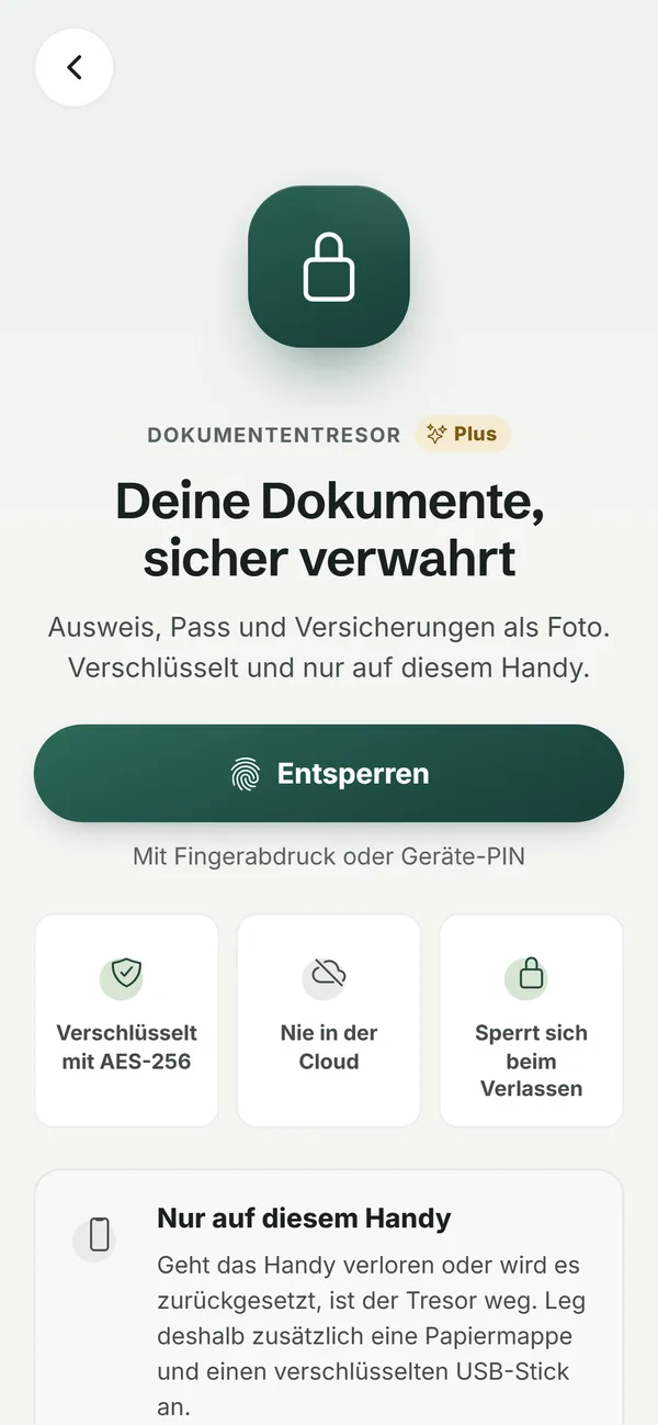 Dokumententresor: Dokumente verschlüsselt nur auf dem Handy