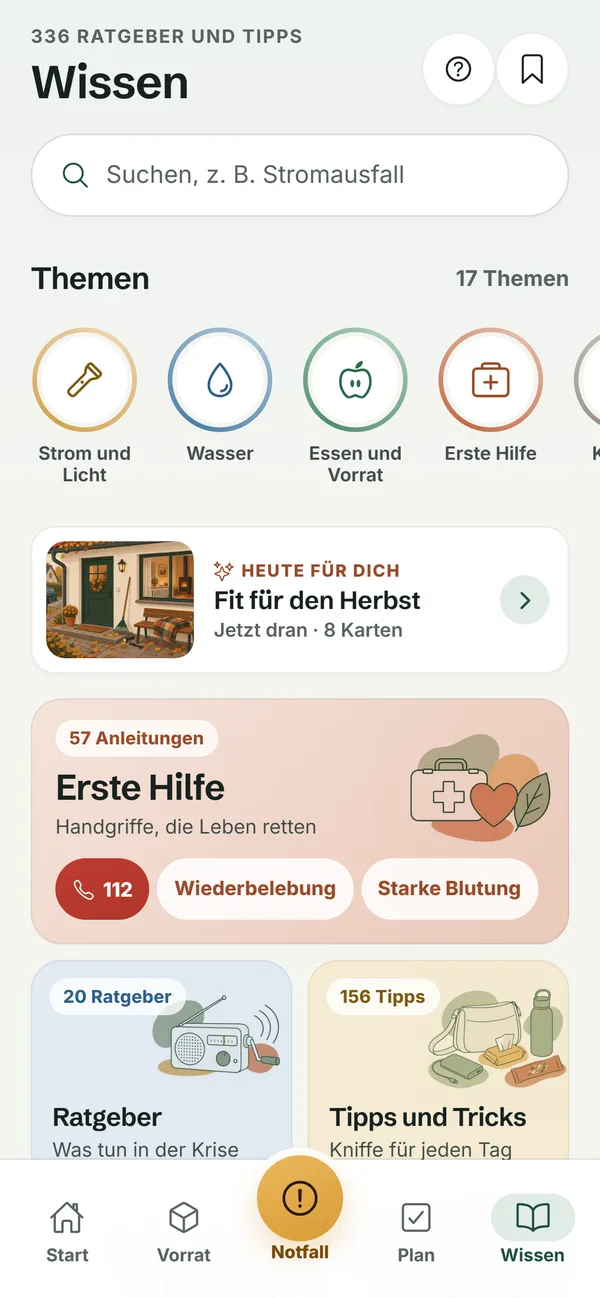 Wissen in der App: Themen, Erste Hilfe, Ratgeber und Tipps mit Suche