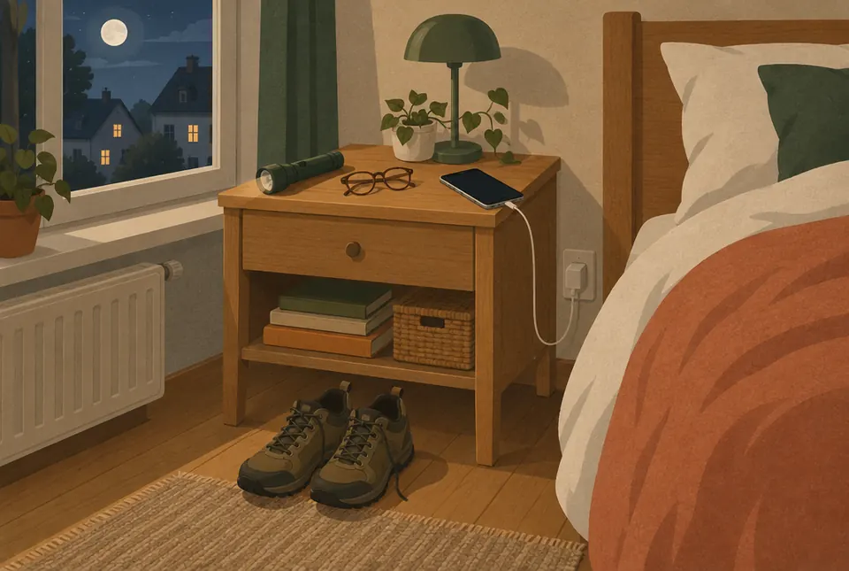 Illustration: Bereit in der Nacht: Lampe und Schuhe